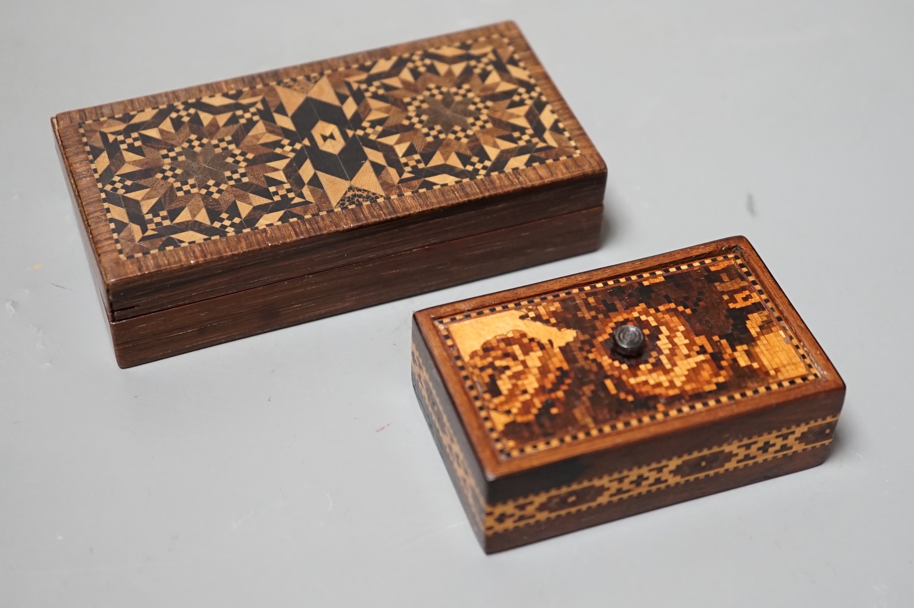 A Tunbridge ware rosewood half square mosaic box, label for Edmund Nye and a similar rosewood and mosaic small box, widest 10.5cm